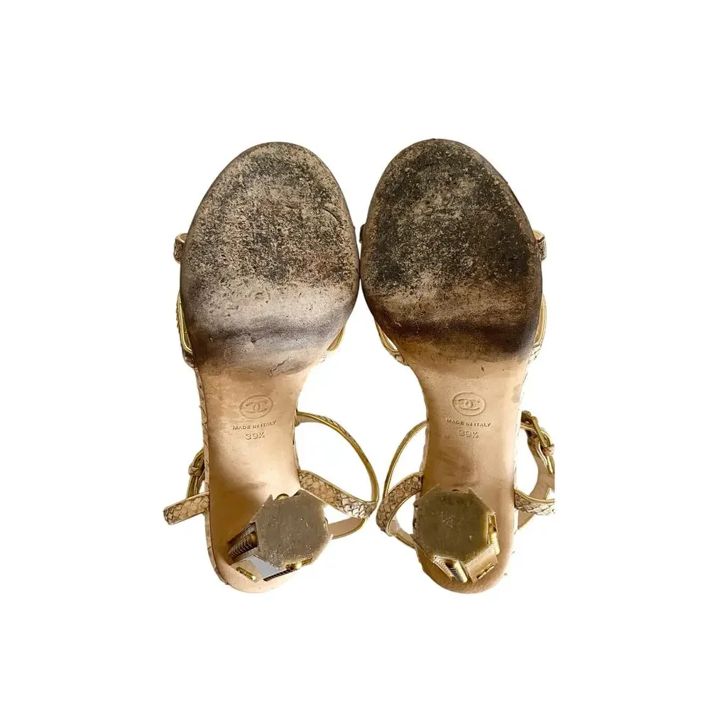 Chanel Python T-Strap Sandals 39.5 Gold Studded CC Column Heels Made in Italy